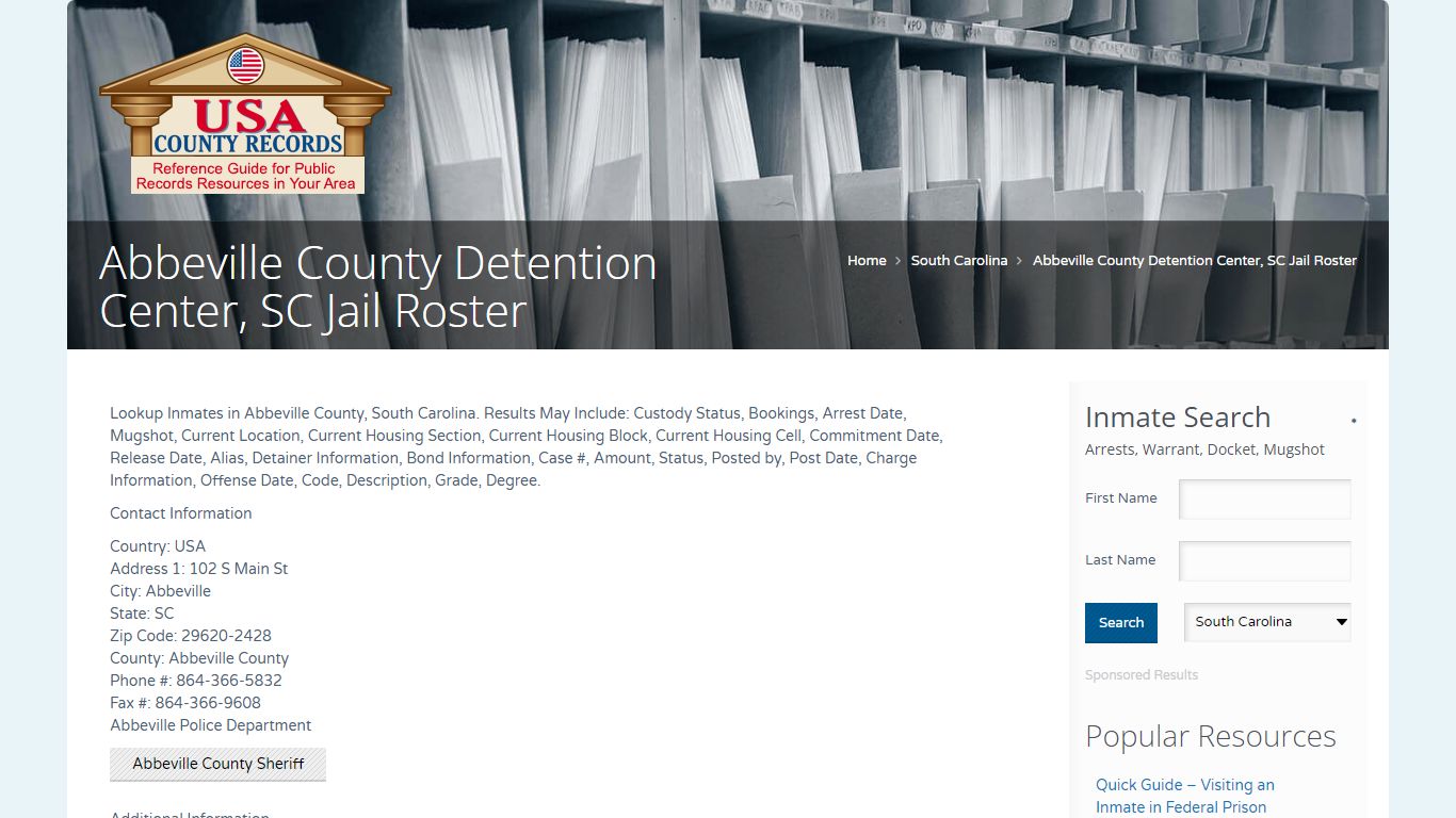 Abbeville County Detention Center, SC Jail Roster